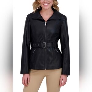NWOT Kenneth Cole Black Faux Leather Jacket with Belt Size M
